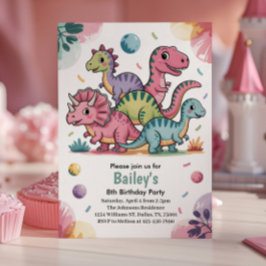 Kids Cute Rosa Dinosaur 8:e Födelsedagsfesten Inbjudningar