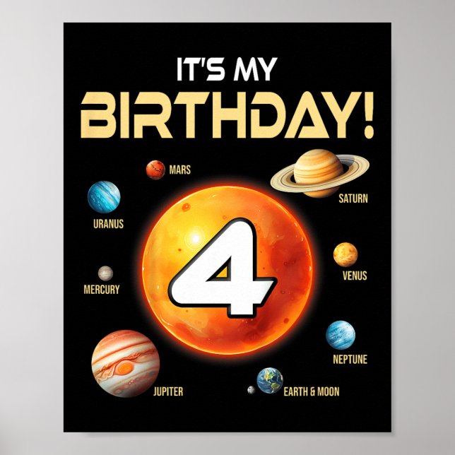 Kids Cute Solar System 4e födelsedagen Fyra år gam Poster (Framsidan)