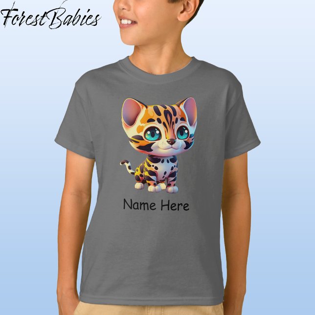 Kids Cute Wildlife Tiger Jungle Safari Kitten T Shirt (Tiger, Gray Customizable ForestBabies T-shirt - Front)