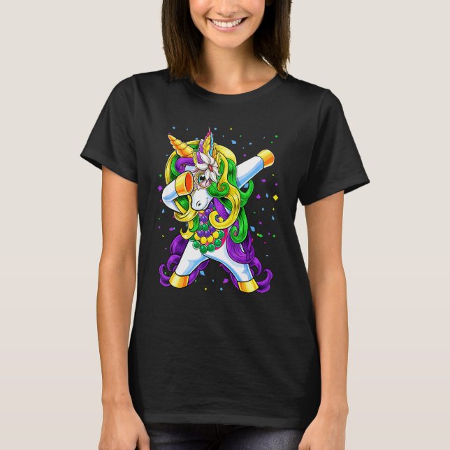 Kids Dabbing Unicorn Jester Hat Pärlor Mardi Gras  T Shirt (Framsida)
