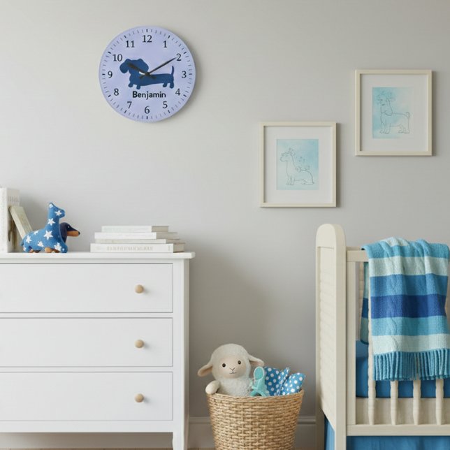 Kids Dachshund Wall Clock Blue Wiener Dog Nursery Stor Klocka (Boys room dachshund wall clock - blue tones)