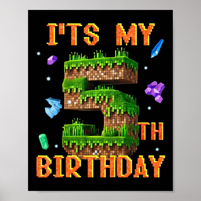 Kids den femte födelsedagen Pixel Gamer Party Boy  Poster (Framsidan)