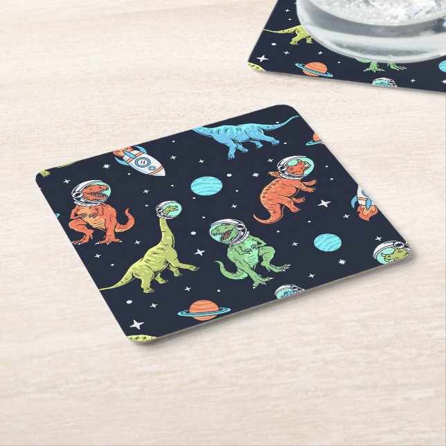 Kids Dinosaur Astronaut Mönster Underlägg Papper Kvadrat (Vinklad)