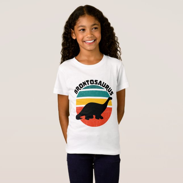 Kids Dinosaur Brontosaurus Retro Sunset Distress T Shirt (Hel framsida)