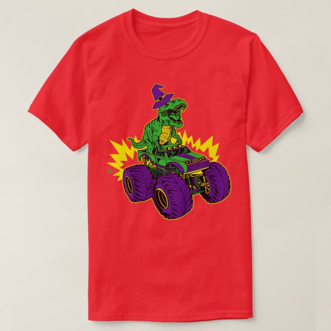 Kids Dinosaur Riding Monster Truck Lazy Halloween  T Shirt (Design framsida)