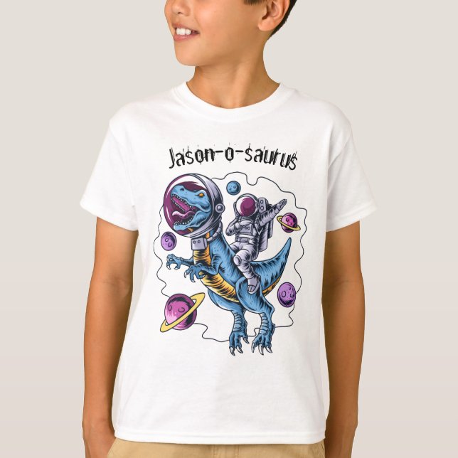 Kids Dinosaur T-Rex Astronaut Add Namn T-Shirt (Framsida)