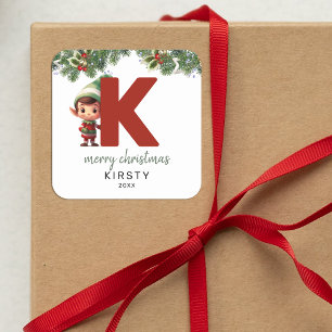 Kids Elf Initial K Jul Fyrkantigt Klistermärke