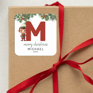 Kids Elf Initial M jul Fyrkantigt Klistermärke