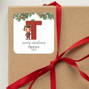 Kids Elf Initial T Jul Fyrkantigt Klistermärke