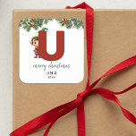 Kids Elf Initial U-jul Fyrkantigt Klistermärke<br><div class="desc">Ge är personligens charm i julklapp! Våra monogramklistermärken,  som visar tomtens eget gömmande bakom brev U,  är ett unikt och tänkbart sätt att visa kärlek. Anpassa med namn,  år och hälsning. Få dina julklappar att framträda!</div>