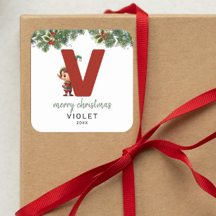 Kids Elf Initial V jul Fyrkantigt Klistermärke