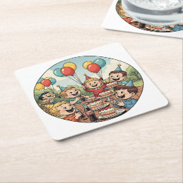 Kids Enjoying their Cakes, Sodas and Balloons Underlägg Papper Kvadrat