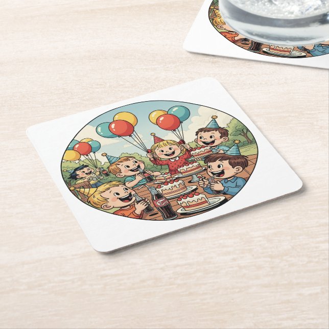 Kids Enjoying their Cakes, Sodas and Balloons Underlägg Papper Kvadrat (Vinklad)