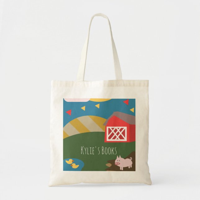 Kids Farm Gris Illustration Bibliotek Bok Tote Bag Tygkasse (Framsidan)