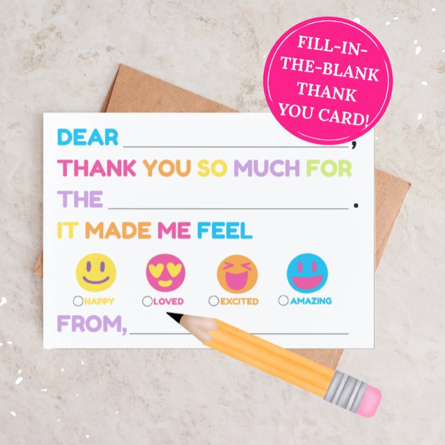 Kids Fill-In Thank You Card (Birthday Parties) Anteckningskort (Skapare uppladdad)