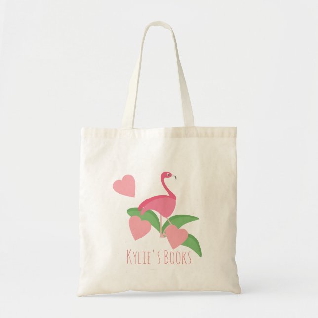 Kids Flamingo Hearts Bibliotek Bok Tote Bag Tygkasse (Framsidan)
