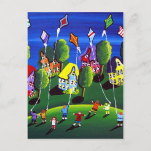 Kids Flies Kites Folk Art Vykort