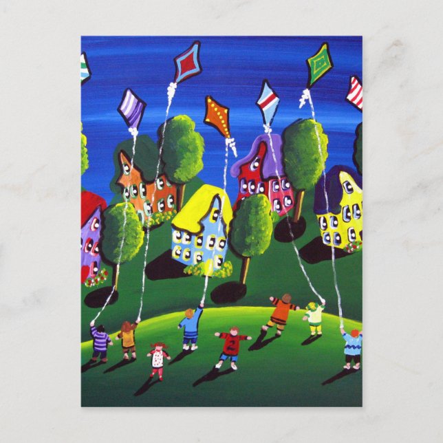 Kids Flies Kites Folk Art Vykort (Framsida)