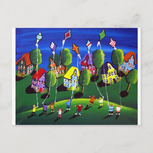 Kids Flies Kites Folk Art Vykort