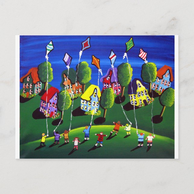 Kids Flies Kites Folk Art Vykort (Framsida)