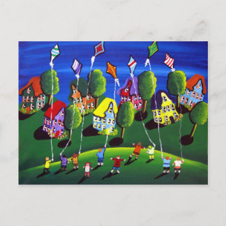 Kids Flies Kites Folk Art Vykort