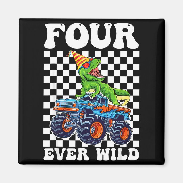 Kids Four Ever Wild Dinosaur Monster Truck 4th Bir Magnet (Framsidan)