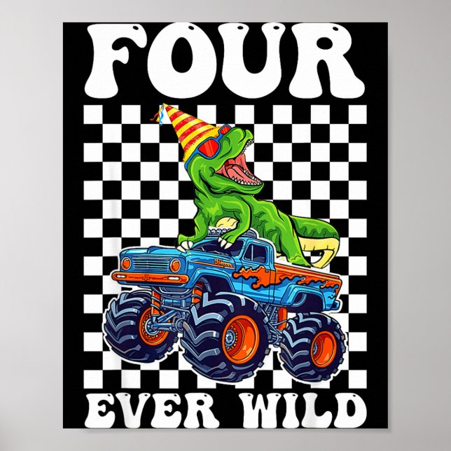 Kids Four Ever Wild Dinosaur Monster Truck 4th Bir Poster (Framsidan)