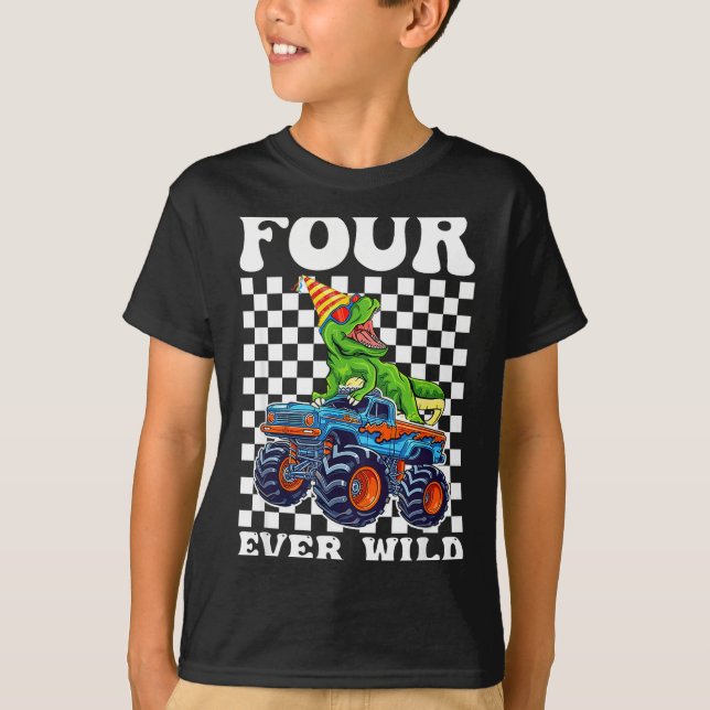 Kids Four Ever Wild Dinosaur Monster Truck 4th Bir T Shirt (Framsida)