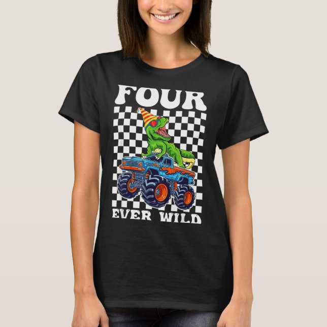 Kids Four Ever Wild Dinosaur Monster Truck 4th Bir T Shirt (Framsida)
