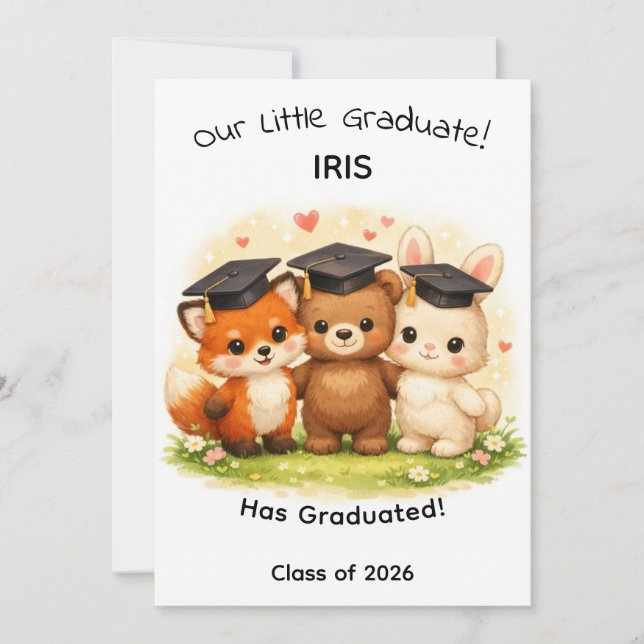 Kids Fox Bear Bunny Woodland Graduation Kort (Framsida)