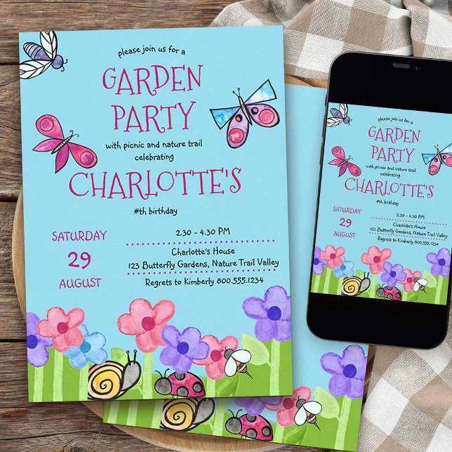 Kids Garden Party Natur Trail Cute Birthday Inbjudningar (Garden Party kids birthday invitation with nature theme)