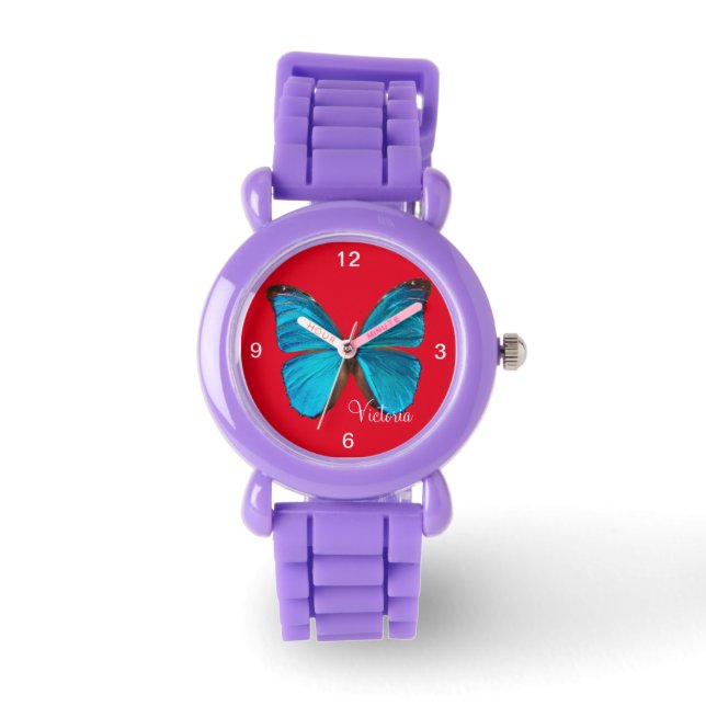 Kids Glitter Strap Cute Blue Butterfly Watch Armbandsur (Framsida)