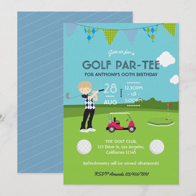 Kids Golf Theme Födelsedagsfest inbjudan (Fram/baksida)
