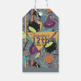 Kids Gray Retro Witchy Halloween Birthday Presentetikett