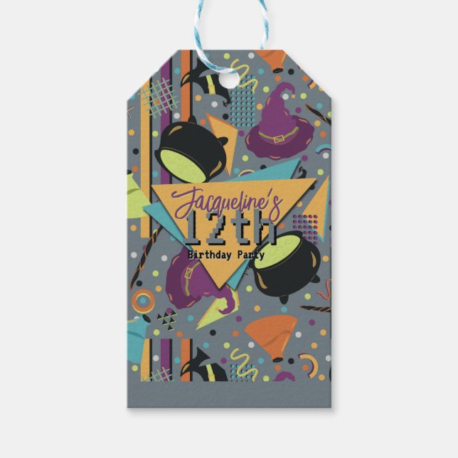 Kids Gray Retro Witchy Halloween Birthday Presentetikett (Framsidan)