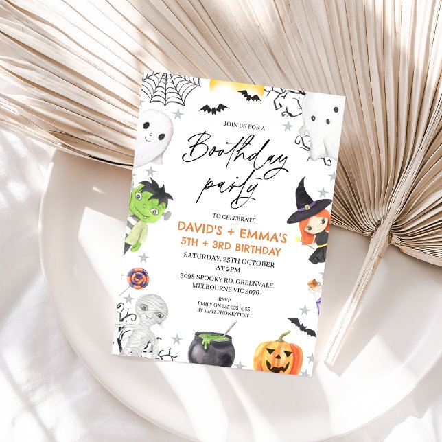 Kids Halloween Boothday Party Går med födelsedagen Inbjudningar (Kids Joint Halloween Birthday Party Invitation, Halloween Boothday Party Invitation, Frankenstein)