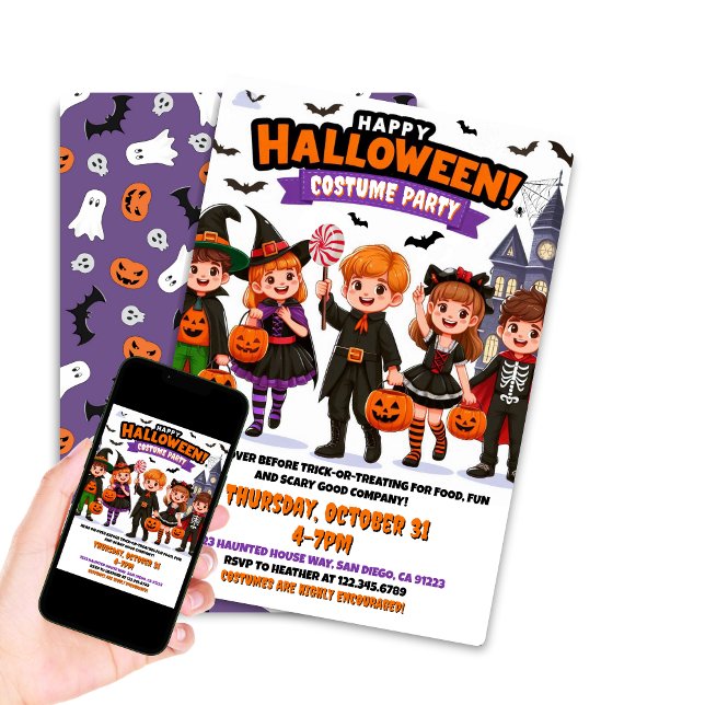 Kids Halloween Costume Party Editable Inbjudningar (Happy Halloween Costume Party invite printable and digital download editable options)