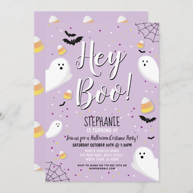 Kids Halloween fest Costume Hej Boo Ghost Lila Inbjudningar (Fram/baksida)