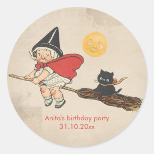 Kids Halloween Födelsedagsfest Cute Witch Broom Ca Runt Klistermärke