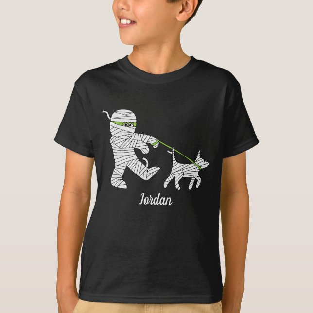Kids Halloween Mummy Boy Walking Hund T Shirt (Framsida)