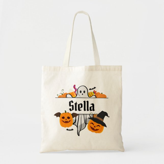 Kids Halloween namn Tote Bag Bus eller godis Tygkasse (Framsidan)