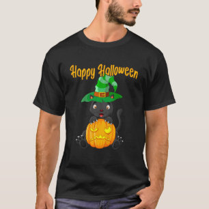 Kids Halloween Pumpkin Cute Little Black Cat Witch T Shirt