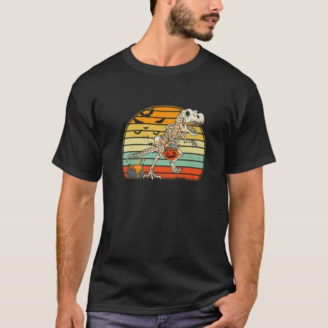 Kids Halloween Skeleton Dinosaur Pumpkin Trex Todd T Shirt (Framsida)