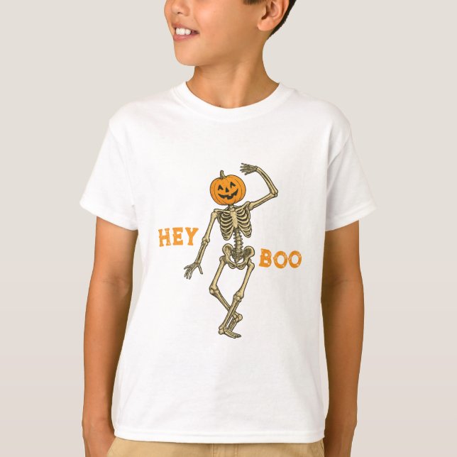 Kids Halloween Skeleton Pumpkin Head "Hej Boo"! T Shirt (Framsida)