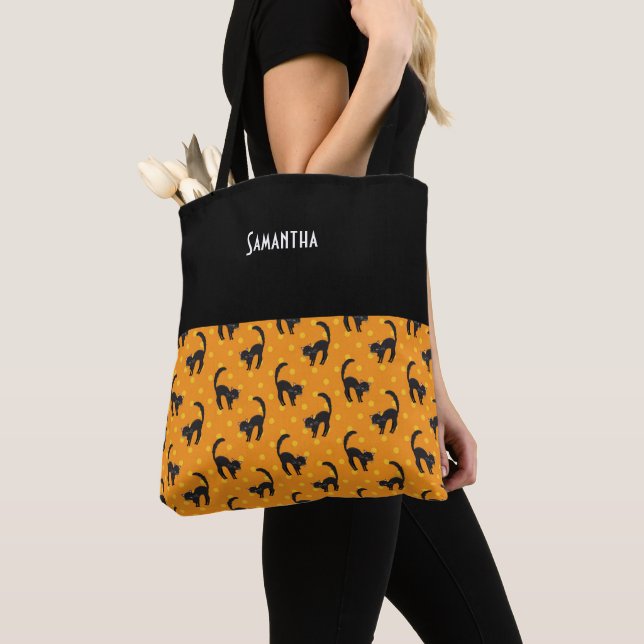 Kids Halloween Svarta katter Orange Dots Namn Tygkasse (Närbild)