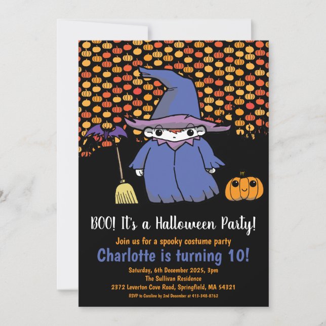 Kids Halloween Witch Pumpkin & Fladdermus Birthday Inbjudningar (Framsida)
