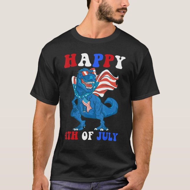 Kids Happy 4th Of July Dinosaur Girls Boys America T Shirt (Framsida)
