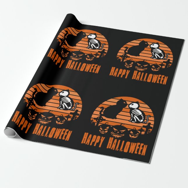 Kids Happy halloween Skeleton Cat Retro Sunset Presentpapper (Utrullad)