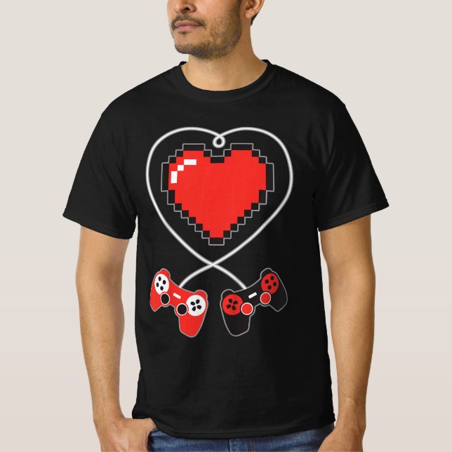 Kids Heart Pixel Art Video Game Controller Valenti T Shirt (Framsida)