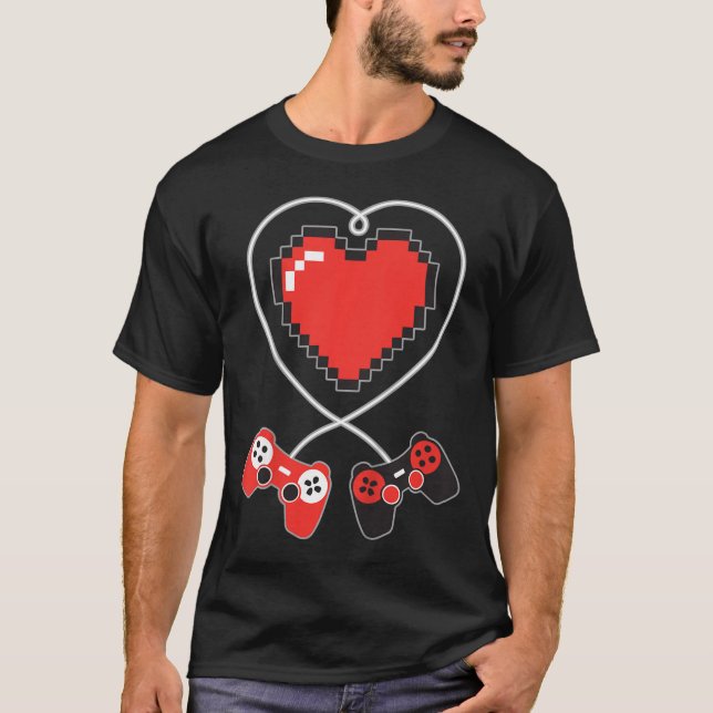 Kids Heart Pixel Art Video Game Controller Valenti T Shirt (Framsida)